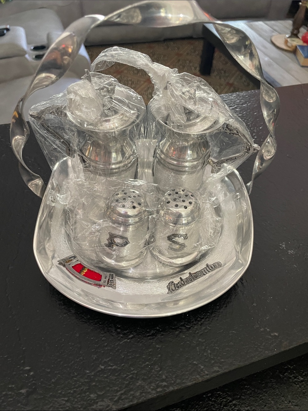 Silver Stainless Steel Salt and Pepper Shaker Set with Caddy & 2 small pitchers